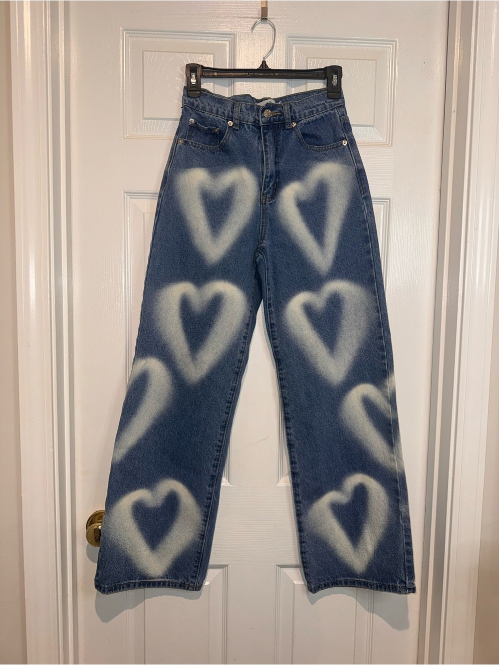 Adika Blue Wide-Leg Jeans with White Heart Print. Size XS